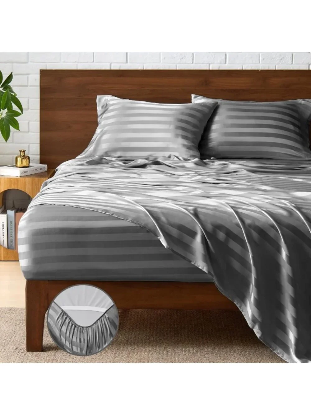 Luxurious Dark Grey Jacquard Striped Satin King Size Sheet Set - 4 Pieces